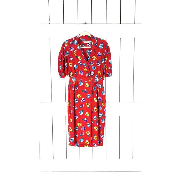 Vintage Liz Claiborne red floral short sleeve midi dress 10 - Picture 7 of 7
